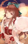  ahoge brown_eyes brown_hair cotton_candy huge_ahoge japanese_clothes kantai_collection kimono kuma_(kantai_collection) long_hair meru_(merumumu) one_eye_closed solo yukata 