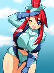  blue_eyes blush bouncing_breasts breasts fuuro_(pokemon) gym_leader huge_breasts looking_at_viewer navel nintendo pokemon pokemon_(game) pokemon_black_&amp;_white pokemon_character red_hair shorts side_ponytail smile suspenders translated 