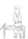  bench comic crutch from_behind gentletiger geta greyscale japanese_clothes kantai_collection long_hair monochrome no_legwear sandals sash simple_background solo table white_background zuikaku_(kantai_collection) 