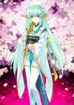  aqua_hair black_(artist) cherry_blossoms fan fate/grand_order fate_(series) flower horns japanese_clothes kimono kiyohime_(fate/grand_order) long_hair obi official_art pelvic_curtain resized sash solo tree upscaled waifu2x yellow_eyes 