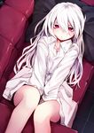  bags_under_eyes couch dress_shirt long_hair looking_at_viewer lying on_back original otokuyou pillow red_eyes shiroi_ko_(otokuyou) shirt solo stitches white_hair 