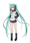  ahoge aize boots full_body green_eyes green_hair hands_in_pockets hatsune_miku headphones headphones_around_neck highres jacket kneehighs long_hair looking_at_viewer ribbon simple_background skirt smile solo twintails very_long_hair vocaloid white_background 