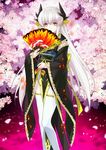  black_(artist) fate/grand_order fate_(series) flower japanese_clothes kiyohime_(fate/grand_order) long_hair official_art red_eyes resized silver_hair solo thighhighs tree upscaled waifu2x 