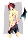  1boy animal_ears ass bulge crow_(show_by_rock!!) from_behind male_focus multicolored_hair red_eyes shirtless shorts shorts_pull show_by_rock!! simple_background solo tail toothbrush toothbrush_in_mouth trefoil two-tone_hair undressing zunmo 