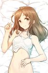  bare_shoulders bottomless breasts brown_hair long_hair navel original shirousagi_uyu small_breasts solo yellow_eyes 