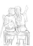  bench comic crutch full_body gentletiger geta greyscale japanese_clothes kaga_(kantai_collection) kantai_collection long_hair monochrome multiple_girls outstretched_arm pointing pointing_up prosthesis prosthetic_leg sandals short_hair side_ponytail simple_background sitting table white_background zuikaku_(kantai_collection) 