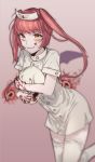  1girl blood bloody_clothes bloody_hands ebola-chan hat highres long_hair nurse nurse_cap open_eyes pink_background pink_hair skull smile socks_over_thighhighs twintails who-is-noxes yellow_eyes 