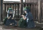  backpack backpack_removed bag blue_eyes blue_hair fence hat ichiba_youichi indian_style kappa_mob kawashiro_nitori multiple_girls pen shirt sitting skirt smile touhou twintails two_side_up writing 