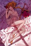  aneater barefoot blonde_hair chemise cross flandre_scarlet flower frilled_pillow frills full_body looking_at_viewer lying no_hat no_headwear no_wings off_shoulder on_back on_bed petals pillow red_eyes red_flower red_rose rose short_hair side_ponytail sleeveless smile solo strap_slip touhou 