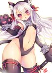  :o animal_ears arm_strap bangs bell black_legwear blush bow breasts cat_ears chestnut_mouth covered_nipples cowboy_shot fake_animal_ears fate/kaleid_liner_prisma_illya fate_(series) fur gloves hair_bow illyasviel_von_einzbern long_hair looking_at_viewer navel paw_gloves paws prisma_illya red_eyes red_ribbon ribbon signature simple_background small_breasts solo string tail thigh_ribbon thigh_strap thighhighs two_side_up utm 