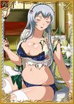  1girl blush bra breasts chouun_shiryuu cleavage eyes_closed female ikkitousen large_breasts long_hair navel open_mouth panties silver_hair sitting solo thighhighs torn_clothes underwear 