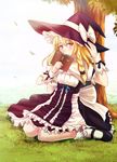  blonde_hair blush book braid bug butterfly frills hat highres insect iyokamioto kirisame_marisa looking_at_viewer mary_janes shoes sitting solo touhou tree wariza witch witch_hat yellow_eyes 