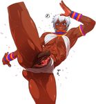  1girl abs blue_eyes dark_skin elena female looking_at_viewer nezunezu pov pussy pussy_juice street_fighter sweat uncensored white_hair 