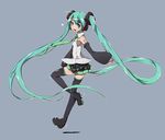  aize armpits boots detached_sleeves from_side green_eyes green_hair grey_background hatsune_miku headphones headset highres jumping long_hair looking_at_viewer microphone open_mouth ribbon shirt simple_background skirt sleeveless sleeveless_shirt smile solo thigh_boots thighhighs very_long_hair vocaloid zettai_ryouiki 