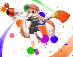  baseball_cap bike_shorts blush camouflage commentary_request domino_mask dual_wielding gun hat holding ink_tank_(splatoon) inkbrush_(splatoon) inkling layered_clothing leg_up long_hair long_sleeves luna_blaster_(splatoon) mask open_mouth oversized_object paint_splatter paintbrush pointy_ears shirt shoes short_over_long_sleeves short_sleeves smile sneakers solo splatoon_(series) splatoon_1 standing t-shirt tentacle_hair weapon yagi_gojou 