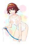  bob_cut brown_hair hairband hiei_(kantai_collection) hose kantai_collection shirousagi_uyu shirt short_hair smile solo wet wet_clothes 