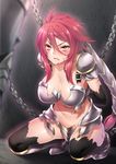  armor arms_behind_back bdsm blood blush breasts broken_armor chain cleavage fuya_(tempupupu) injury ironscale_shyvana large_breasts league_of_legends long_hair navel red_eyes red_hair shyvana solo squatting 