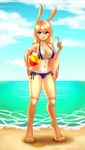  beach beach_ball bikini clothing cocoro digitigrade drink female hair lagomorph long_hair mammal navel rabbit seaside smile solo swimsuit 