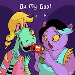  anthro black_hair blonde_hair blue_hair bratty_(undertale) cat catty_(undertale) crocodile duo ear_piercing english_text eyelashes feline female fur gun hair jakelionstumblr lipstick mammal multicolored_hair open_mouth piercing pink_eyes purple_fur purple_hair ranged_weapon reptile scalie text undertale weapon yellow_eyes 