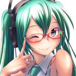  ;) adjusting_eyewear bespectacled commentary_request glasses green_eyes green_hair hatsune_miku headphones long_hair looking_at_viewer nail_polish necktie one_eye_closed red-framed_eyewear smile solo twintails upper_body vocaloid white_background wokada 