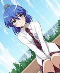  aizawa_nagisa_(jitsu_wa) bioroid_hei blue_hair breasts day green_eyes jitsu_wa_watashi_wa long_hair looking_at_viewer looking_away necktie outdoors school_uniform shirt sitting skirt small_breasts solo wavy_mouth 