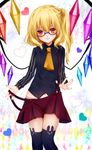  alternate_costume animal_band_legwear ascot asymmetrical_wings bad_id bad_pixiv_id bespectacled black_blouse black_legwear blonde_hair blouse bunny_band_legwear daimaou_ruaeru flandre_scarlet glasses heart heart_background highres miniskirt nail_polish navel no_hat no_headwear pinstripe_pattern red_eyes red_skirt semi-rimless_eyewear side_ponytail skirt smile solo sparkle sparkle_background striped suspenders suspenders_pull thighhighs touhou under-rim_eyewear wings 