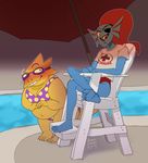  alphys barefoot bikini blush breasts buckteeth chair chubby clothing duo english_text eye_patch eyewear fametheoryart fish goggles hair marine monster red_hair scales scalie sharp_teeth shirt swimsuit teeth text umbrella undertale undyne water yellow_scales 