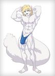  abs balls blonde_hair bulge clothed clothing fluffy_tail g-string ghosts_go_boo hair half-dressed long_tail male mammal mink muscular mustelid nipples pecs penis smile solo topless underwear 