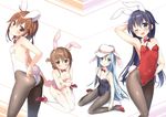  ;d adjusting_clothes adjusting_leotard akatsuki_(kantai_collection) animal_ears ass black_hair black_leotard blue_eyes blush breasts brown_eyes brown_hair bunny_ears bunny_tail bunnysuit cleavage covered_navel folded_ponytail hair_ornament hairclip hand_on_hip hat hibiki_(kantai_collection) ikazuchi_(kantai_collection) inazuma_(kantai_collection) kantai_collection leotard long_hair masuishi_kinoto multiple_girls one_eye_closed open_mouth pantyhose pink_leotard red_leotard sideboob silver_hair small_breasts smile sweatdrop tail v-shaped_eyebrows verniy_(kantai_collection) white_leotard 