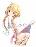  :t ahoge aile_(crossroads) animal_print ass bike_shorts bike_shorts_pull blonde_hair brown_eyes bunny_print from_behind futaba_anzu idolmaster idolmaster_cinderella_girls leaning_forward lifted_by_another long_hair looking_at_viewer looking_back panties print_panties shirt shirt_lift signature simple_background solo striped striped_bike_shorts stuffed_animal stuffed_bunny stuffed_toy t-shirt twintails underwear 
