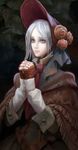  anna_nikonova bloodborne bonnet capelet crying crying_with_eyes_open doll_joints flower grey_eyes hair_flower hair_ornament hands_clasped highres lips nose own_hands_together plain_doll silver_hair solo tears 