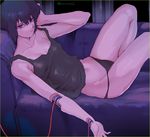  black_hair black_panties blue_eyes cable couch cyborg eyelashes ghost_in_the_shell hand_on_own_head katsuoboshi kusanagi_motoko looking_at_viewer lying outline panties parts_exposed short_hair solo subdermal_port tank_top tsurime twitter_username underwear underwear_only 