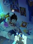  1boy bed black_eyes black_hair character_doll dakimakura_(object) doll dragon_ball dragonball_z earrings from_above gogeta jewelry kim_yura_(goddess_mechanic) light mat muscle pillow pillow_hug poster_(object) potara_earrings solo sweatdrop tissue vegetto 