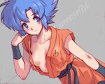  blue_eyes blue_hair breasts dougi dragon_ball genderswap genderswap_(mtf) katsuoboshi no_bra open_clothes small_breasts smile solo twitter_username 