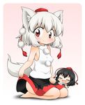 animal_ears barefoot black_hair blush breasts chibi closed_eyes detached_sleeves gradient gradient_background hat highres inubashiri_momiji looking_at_viewer minigirl multiple_girls open_mouth pom_pom_(clothes) red_eyes shameimaru_aya short_hair silver_hair sitting skirt sleeveless small_breasts smile suwa_yasai tail tokin_hat touhou v wolf_ears wolf_tail 