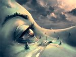  bridge brown_eyes cloud cloudy_sky commentary cyril_rolando eyelashes face fir_tree hill landscape muted_color nature original outdoors river road scenery skirt sky solo standing stream surreal tears tree 