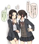  blazer blush brown_hair cardigan covering covering_crotch hachiko_(hati12) hand_on_another's_chin jacket multiple_girls open_blazer open_clothes open_jacket original school_uniform short_hair simple_background skirt smile translated white_background yuri 
