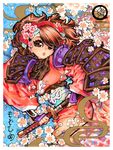  barachan bridal_gauntlets brown_hair cherry_blossoms flower hair_flower hair_ornament japanese_clothes katana kimono looking_at_viewer momohime oboro_muramasa petals sheath shoulder_pads solo sword 