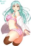  :p ass black_legwear bra breasts cropped_legs floating_hair green_hair isshiki_(ffmania7) jewelry kantai_collection long_hair long_sleeves looking_at_viewer medium_breasts no_pants off_shoulder panties polka_dot polka_dot_bra polka_dot_panties ring shiny shiny_skin solo suzuya_(kantai_collection) thighhighs tongue tongue_out twitter_username underwear underwear_only white_background yellow_eyes 