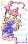  american_flag_dress american_flag_legwear american_flag_panties blonde_hair breasts clownpiece eyes_visible_through_hair grey_background hat highres hiyashi_mikan jester_cap long_hair looking_at_viewer medium_breasts open_mouth panties panties_under_pantyhose pantyhose pointy_ears red_eyes short_sleeves solo striped striped_background striped_legwear teeth thighs toes tongue torch touhou underwear v very_long_hair white_background 
