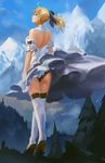  artoria_pendragon_(all) ass bare_shoulders black_panties blonde_hair breasts cleavage fate/stay_night fate/unlimited_codes fate_(series) from_behind gloves highres large_breasts long_hair panties riftgarret saber solo thighhighs underwear upskirt 