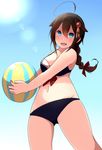  bad_id bad_pixiv_id ball beachball blue_eyes braid hair_ornament highres kantai_collection matsunoki_(unknown_751) remodel_(kantai_collection) shigure_(kantai_collection) single_braid solo sunlight swimsuit 