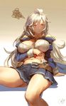  ahoge arm_support bangs bare_shoulders belt black_skirt blue_jacket breasts breasts_apart brown_eyes buckle cancer_(zjcconan) frown gradient gradient_background granblue_fantasy hand_on_own_stomach jacket large_breasts long_hair long_sleeves looking_away looking_to_the_side midriff miniskirt navel off_shoulder open_clothes open_jacket reclining signature silva_(granblue_fantasy) silver_hair skirt solo squiggle unbuckled_belt 