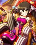  artist_request black_hair dress earrings feather_boa gloves hair_ribbon idolmaster idolmaster_cinderella_girls jewelry matoba_risa necklace official_art one_eye_closed ribbon ring solo strapless strapless_dress striped striped_legwear thighhighs thumb_ring twintails yellow_eyes 