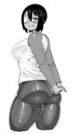  ass breasts cropped_legs denim gigi-chan greyscale grin highres jeans large_breasts looking_at_viewer monochrome original pants sharp_teeth short_hair simple_background smile solo synecdoche teeth thighs white_background 