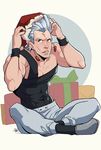  dust-bite earrings gift grey_eyes grey_hair hat indian_style jean_pierre_polnareff jewelry jojo_no_kimyou_na_bouken male_focus muscle putting_on_hat putting_on_headwear santa_hat signature sitting solo wristband 