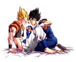  2boys abs artist_name bara dougi dragon_ball earrings fusion gloves gogeta jewelry jewlery kim_yura_(goddess_mechanic) male_focus multiple_boys muscle potara_earrings simple_background undressing vegetto white_background white_gloves yaoi 