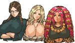  3girls absurdres bangs between_breasts big_hair blonde_hair blunt_bangs braid breasts brown_hair curly_hair dark_skin earrings glasses glasses_girl_(nameo) green_eyes hair_ornament highres huge_breasts jacket jewelry large_breasts long_hair multicolored_hair multiple_girls nameo_(judgemasterkou) no_bra open_clothes open_jacket original parted_bangs pink_hair plaid plaid_skirt semi-rimless_glasses short_hair shorts silver_hair simple_background skirt standing twin_braids under-rim_glasses very_dark_skin 