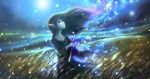  1girl blurry collarbone dark dress elf fairy fantasy field flute full_moon highres instrument light_particles light_smile long_hair looking_at_another looking_up magic moon night original pointy_ears scenery silhouette solo wheat wind 
