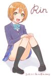  2015 :d artist_name blazer blush brown_hair dated green_eyes ha-ru hoshizora_rin jacket kneehighs loafers love_live! love_live!_school_idol_project open_mouth otonokizaka_school_uniform panties pantyshot pantyshot_(sitting) plaid plaid_skirt school_uniform shoes short_hair sitting skirt smile solo twitter_username underwear upskirt 